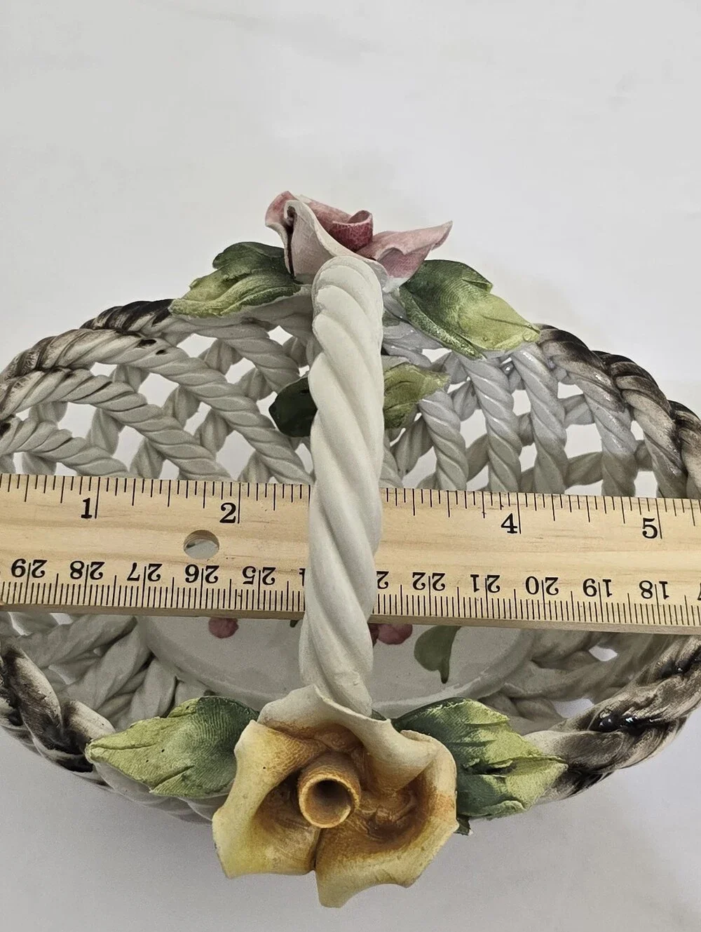 vintage CAPODIMONTE Porcelain Floral Basket Italian Made Trinket Tray White